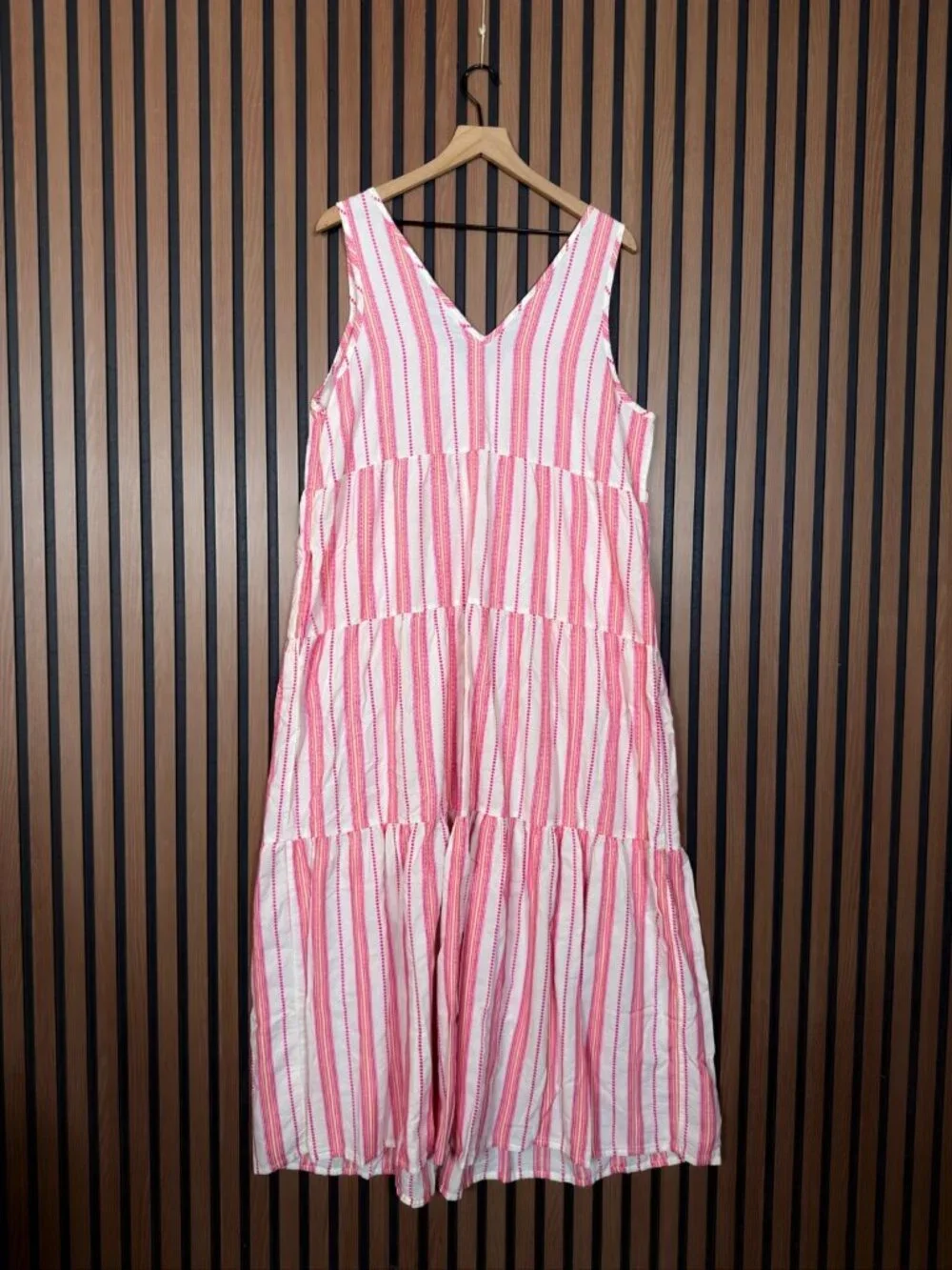 Marine Layer Maxi Dress XL Corinne Pink Striped Woven Tiered Sleeveless Pockets